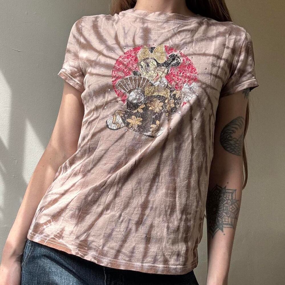 Y2K Disneyland Minnie Mouse Geisha Brown Tie-Dye Rhinestone T-Shirt Small Cotton